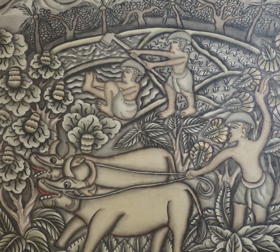 Batuan School, three ink and watercolours, Forest and river scenes with figures, unsigned, largest 21 x 28.5cm. Condition - fair, some fading